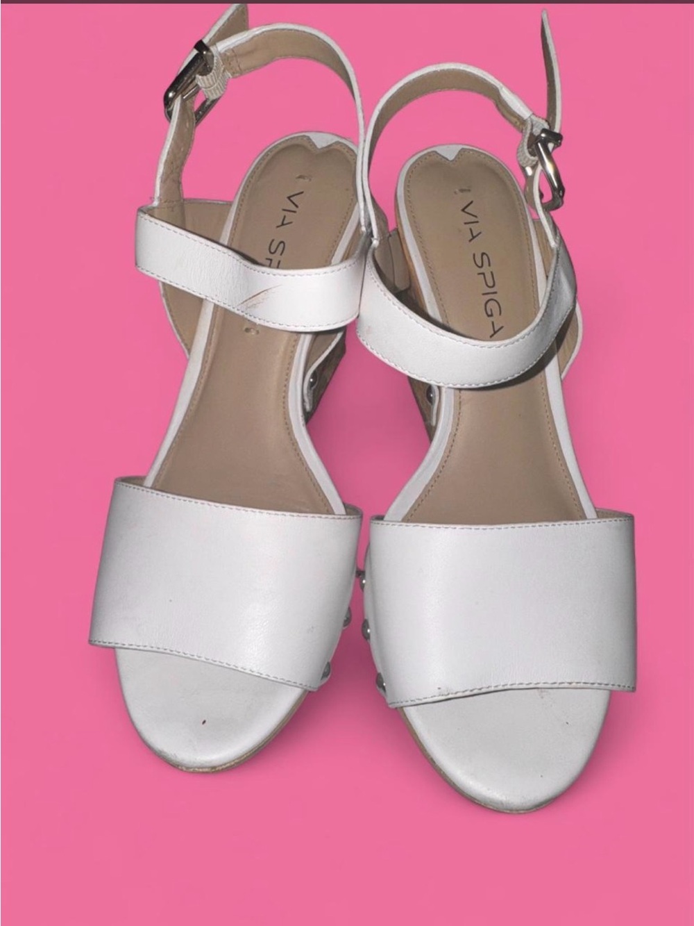 Via Spiga White Leather Ankle-Strap Sandals with Stud Detail